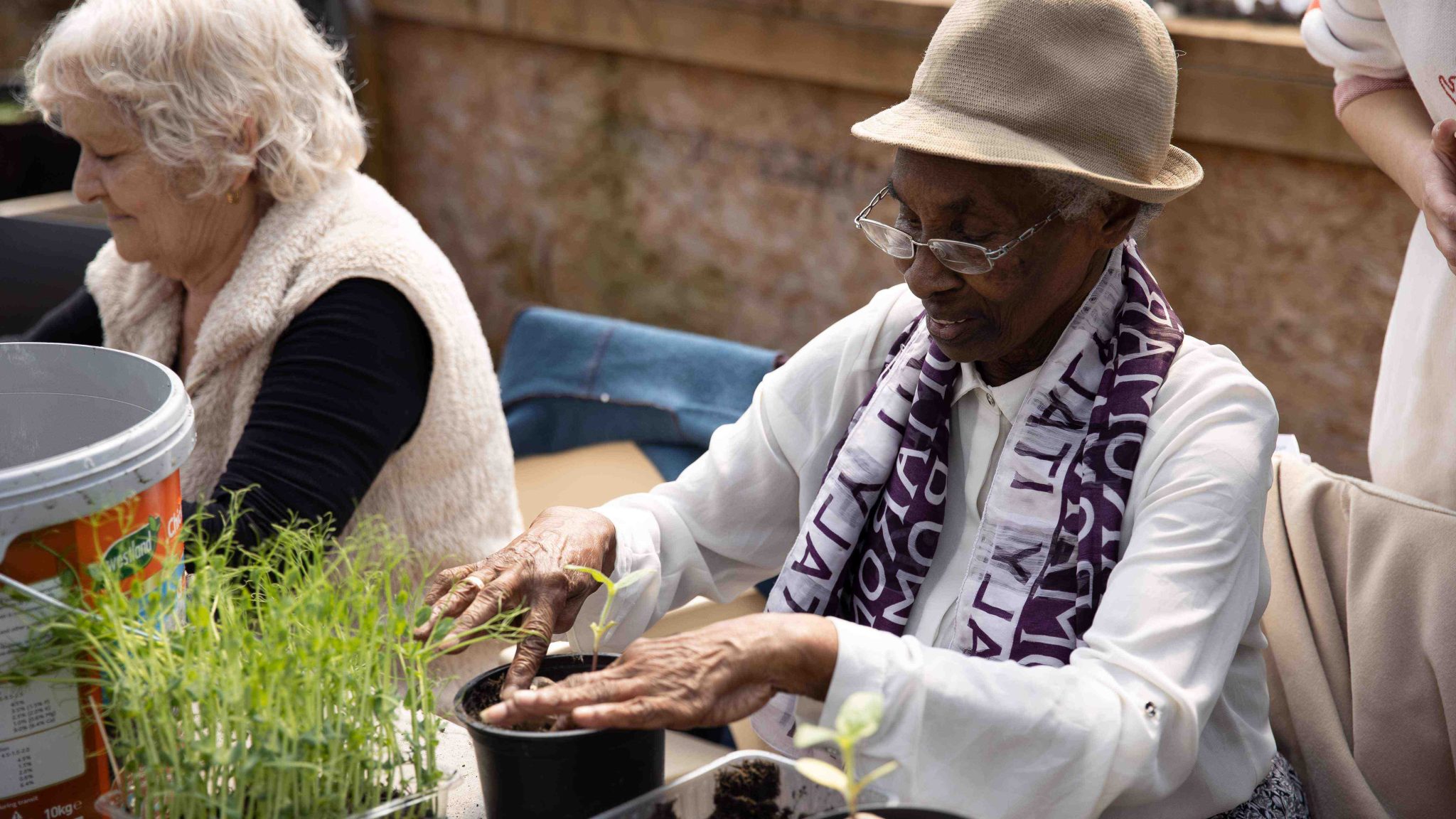 Two older women are carefully planting individual seedlings into pots of compost. They're outside and both are smiling.