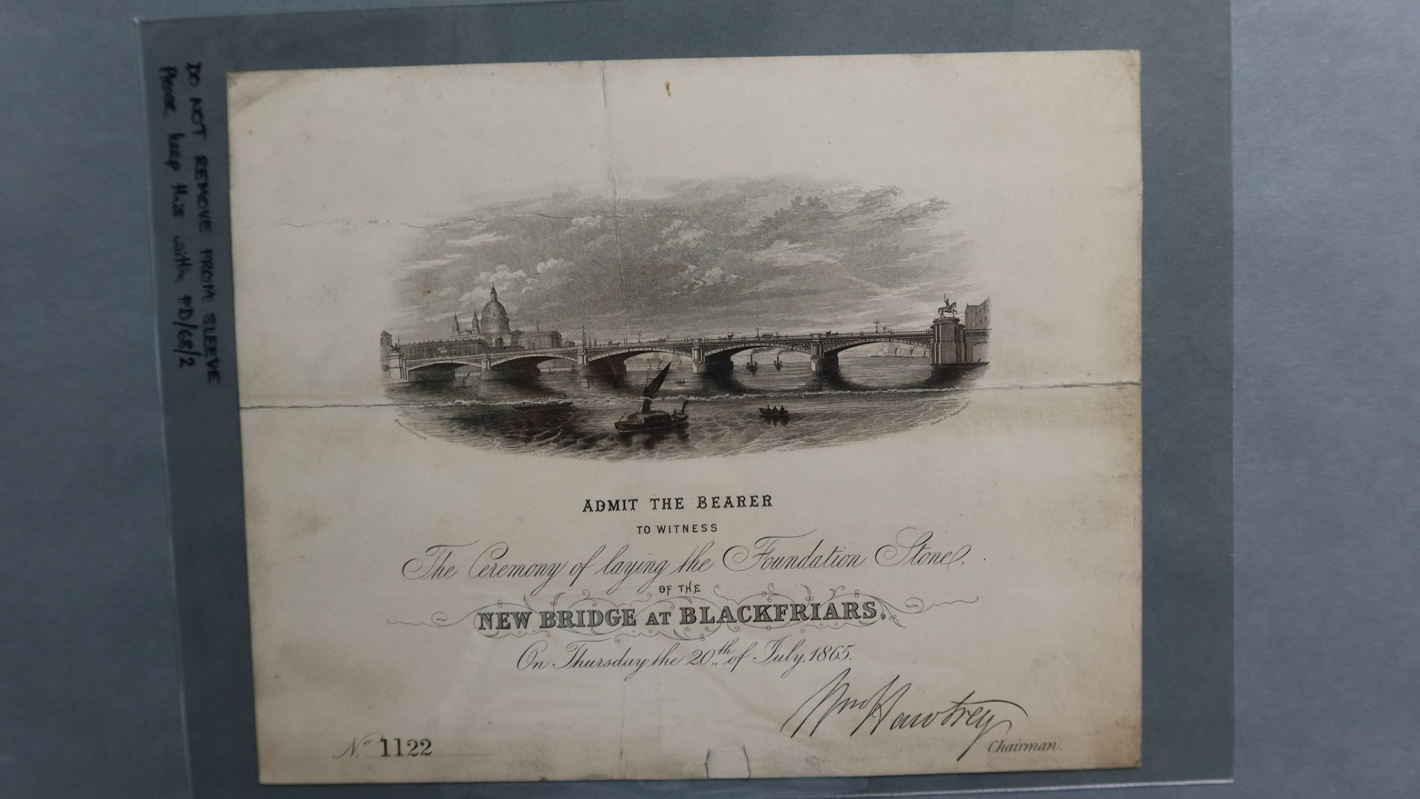 Invitation to a ceremony marking the laying of the foundation stone for the new Blackfriars Bridge on July 20, 1865